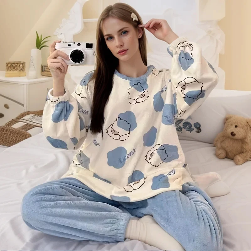 

Пижамный комплект для женщин, студенческие пижамы больших размеров с подкладкой, женские фланелевые теплые милые дышащие пижамы с круглым вырезом, комплект домашней одежды