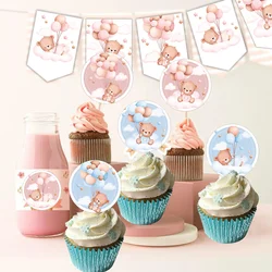 1set Pink Blue Balloon Bear Paper Cupcake Toppers Hanging Banners For Baby Shower Kids Birthday Party Decor Gifts Wrapping Label