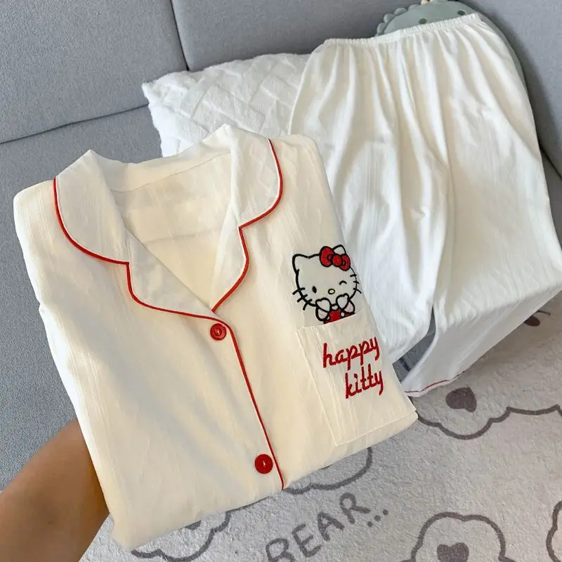 

Sanrio Hello Kitty, женская хлопковая пижама, комплект из 2 предметов, осенняя одежда для сна с героями мультфильмов, брюки с длинными рукавами, ночная рубашка, домашняя одежда, новинка