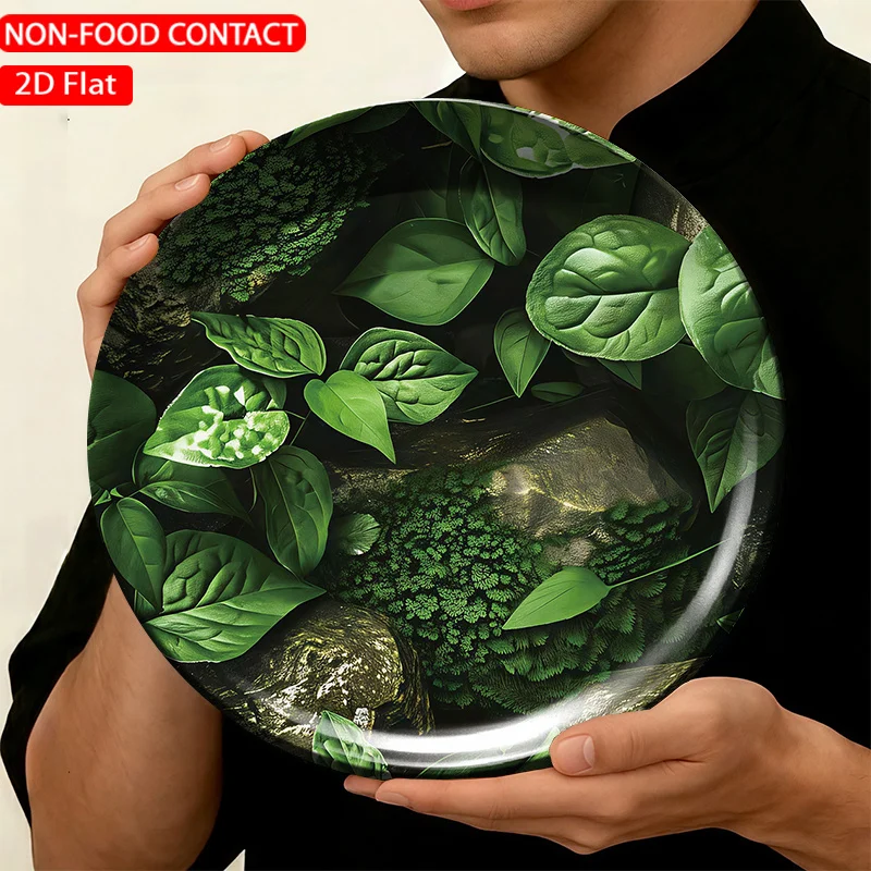 1pc FORJN Modern Ceramic Decorative Plate with Green Leaf Rock Art Wall Plate - Round Suitable, Living Room,, Non-Food Contact