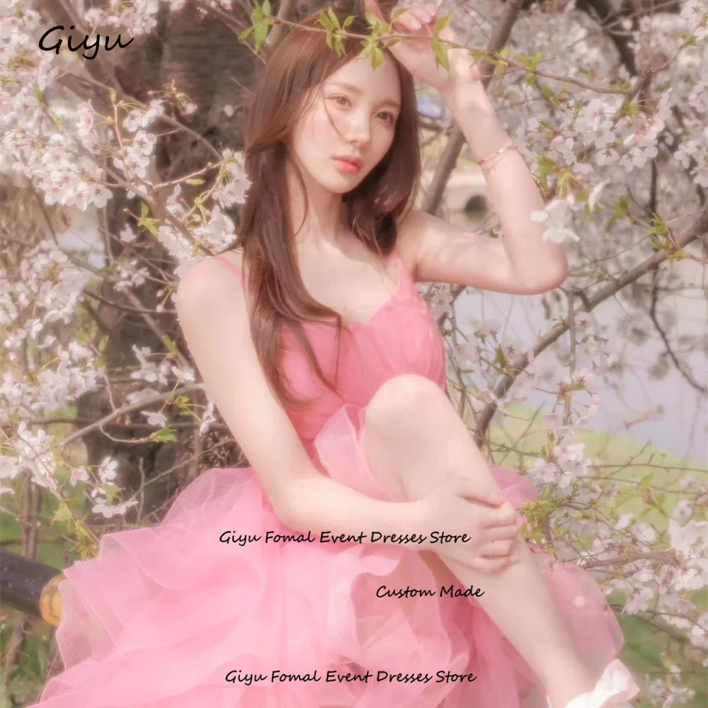 Giyu Fairy-vestido de novia rosa para sesión de fotos, vestido de noche largo hasta el suelo, cuello de corazón, correa de espagueti, Corea