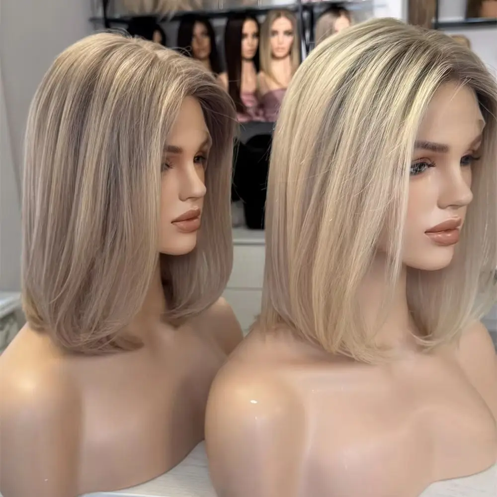 12 Inches Short Straight Bob Ombre Blonde Colored Synthetic HD Lace Front Wig Preplucked Hairline with Baby Hair Glueless Wigs