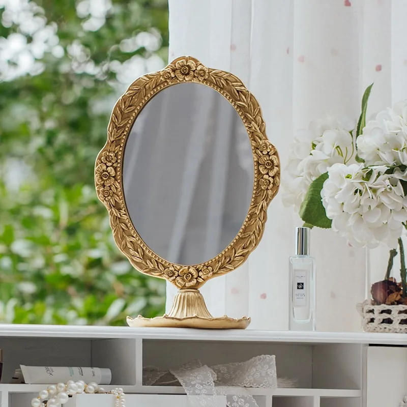 French Carved Mirror Makeup Mirror Desktop Without Lamp Bedroom Dresser Light Luxury Retro Decoración Hogar Adornos Para Casa