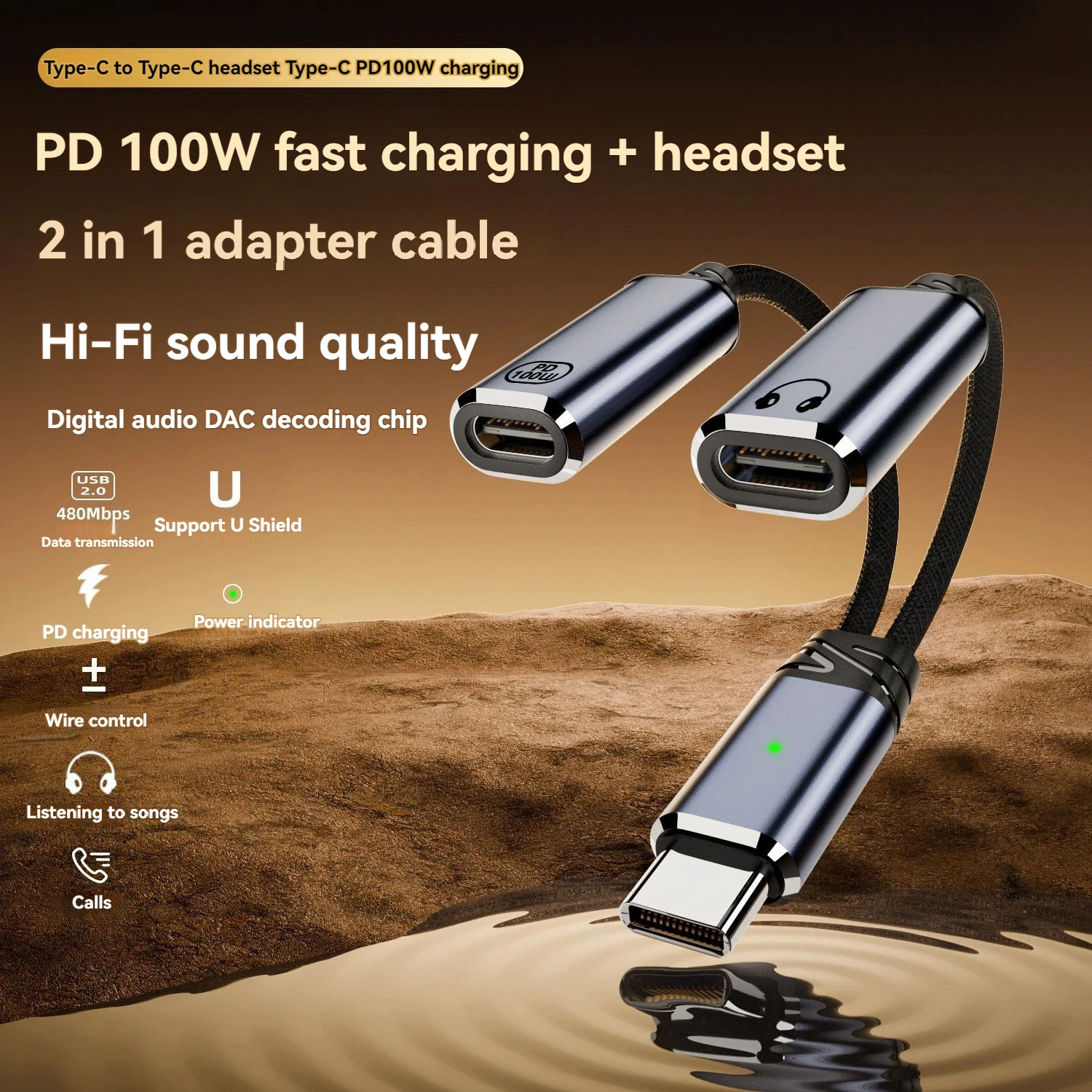 Dual USB C Headphone and Charger 2in1 Adapter with PD 100W Fast Charging Type-C to Audio Dongle Cable for Laptop Mobile Phones