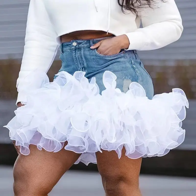 Ruffled Tulle Denim Mini Skirt Women High Waisted Voluminous Organza Mesh Patchwork Jeans Skirts Sexy Clubwear Party Y2K Bottoms