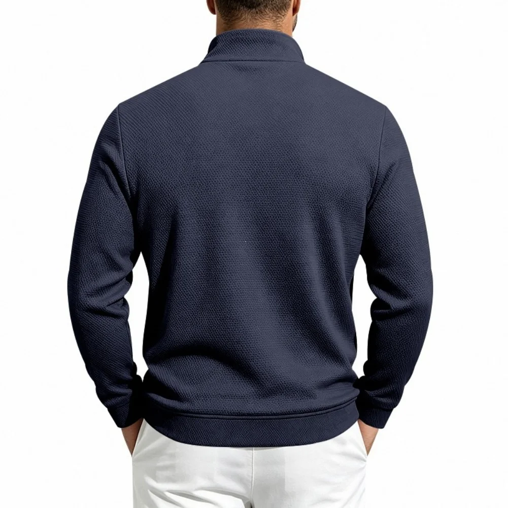 Fleece Lined Waffle Half Zip Sweatshirt for Men Featuring Color Block Design Stand Collar and Regular Length for Daily Wear