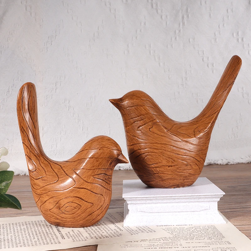 Nordic Style Wooden Grain Bird Sculpture Minimalist Resin Statue Ornament for Home, Bedroom