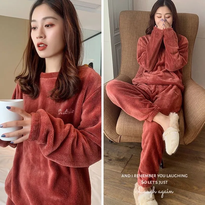 2PCS/Set Women\'s Pajamas Padded Thickened Warm Coral Velvet Loose Big Yards Solid Color Long-Sleeved Homewear Fall and Winter