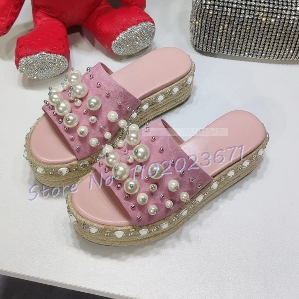 

Pearl Woven Platform Slippers Women Lovely Cow Leather Crystal Luxury Design Shoes Open Toe Casual New Outfit Female Slippers