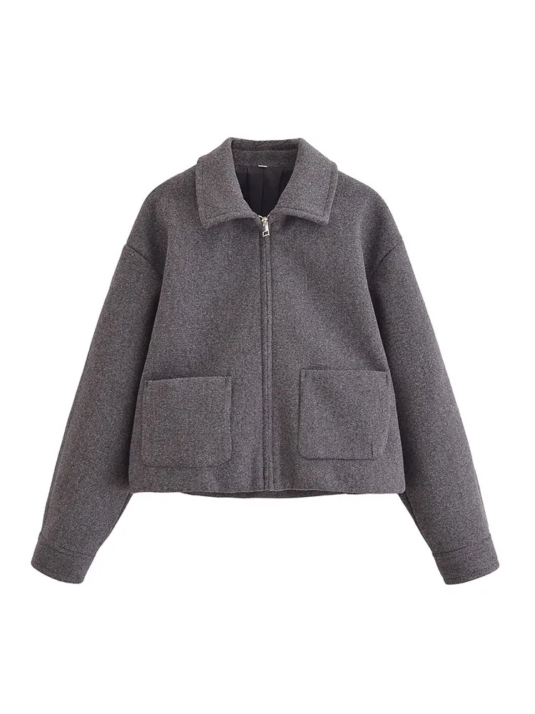TRAF Autumn Winter Elegant Women Loose Jacket Long Sleeve Zipper Oversize Coat Female Bomber Jacket Outerwear