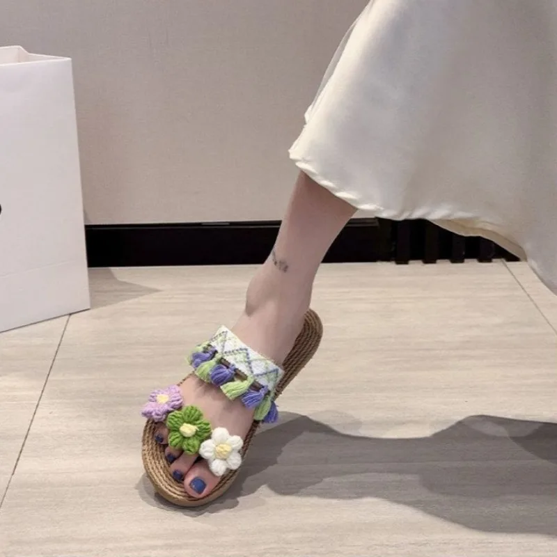 

Summer Beach Sandals Women Bohemian Floral Braided Slides Tropical Holiday Resort Casual Shoes