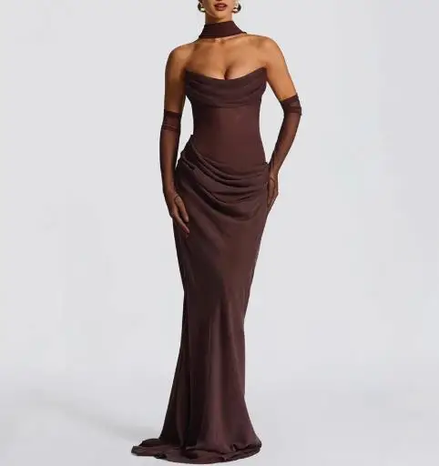 2025 여름 신상 여성 패셔너블하고 섹시한 민소매 스트랩리스 순수 리본 장갑 주름진 힙 드레스 여성복