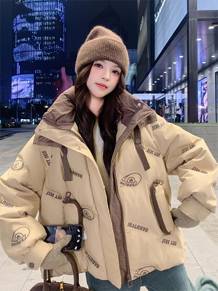 

Winter New Design Loose Women's down Cotton Jaet Color Blo Warm Coat Korean Sle Long Sve Hooded Zipper Closure