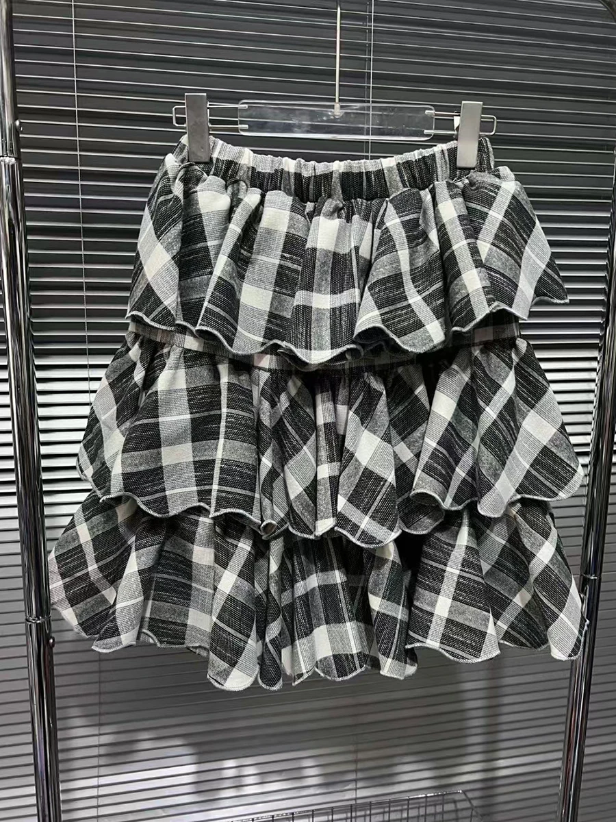 VGH Plaid Colorblock Spliced Ruffles Short Skirt For Women High Waist Patchowrk Elastic Gothic Skirts Female Autumn Clothes New