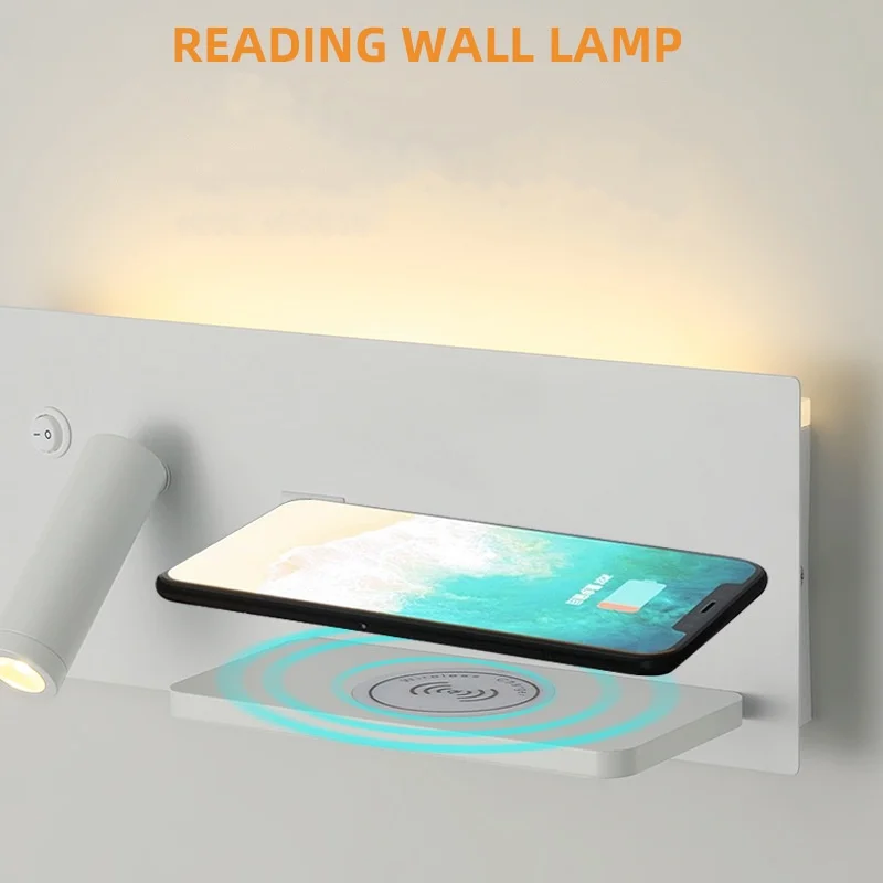 

LED Wall Lamp Reading Wall Light Phone Wireless Charging with USB Charging Port and Switch for Bedroom Beside Rotatable Lights