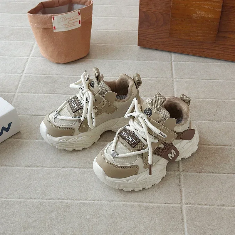 Toddler Letter M Chunky Sneakers, Kids Hook‑and‑Loop Mesh Patchwork Thick‑Sole Casual Sports Shoes 3 Colors