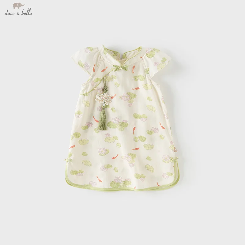 Dave Bella Children's Dress Summer Gentle Charm Sweet Cute Lotus Print Girl Baby Cheongsam Dress Party Outdoor Elegant DB2251849