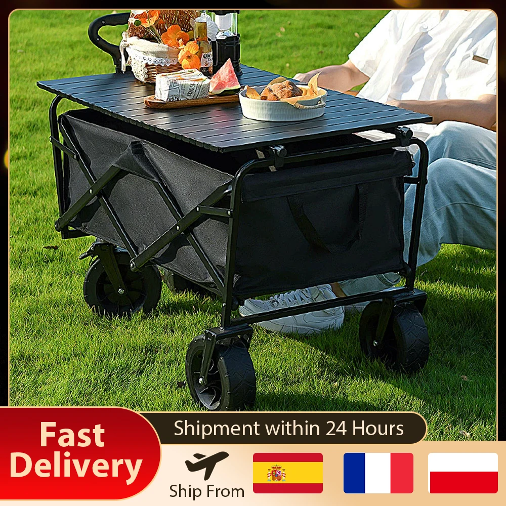 100/150L Collapsible Handcart Cart,Foldable Portable Beach Transport Trolley,Grocery Wagon Cart, Adjustable Handle,Drink Holders