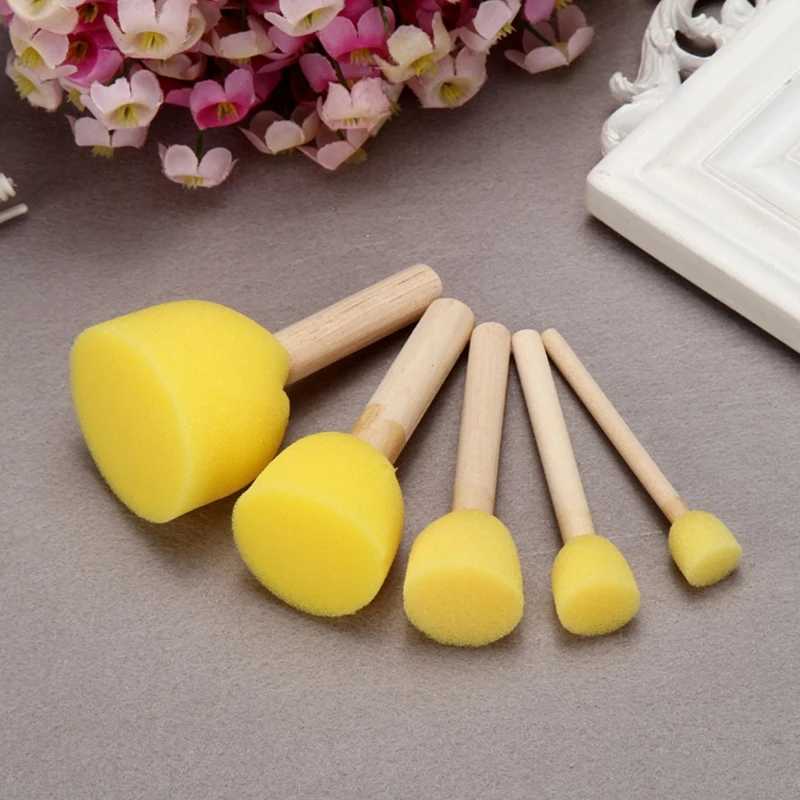 5pcs Sponge Foam Brush Set Wooden Handle Stamp Painting Tool DIY Crafts for Kids Beginners Art Supplies