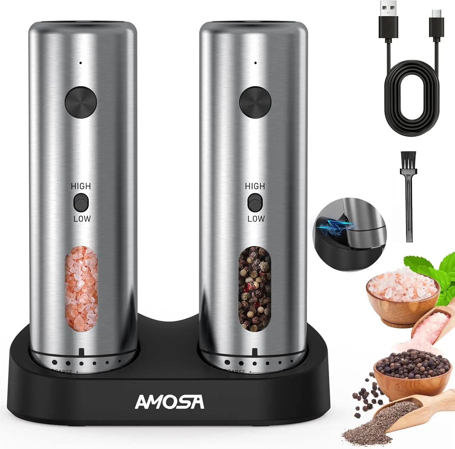

Electric Salt and Pepper Grinder Set, Upgraded 2-Speed Setting, External 6 Adjustable Coarseness, USB C Dual Rechargeable