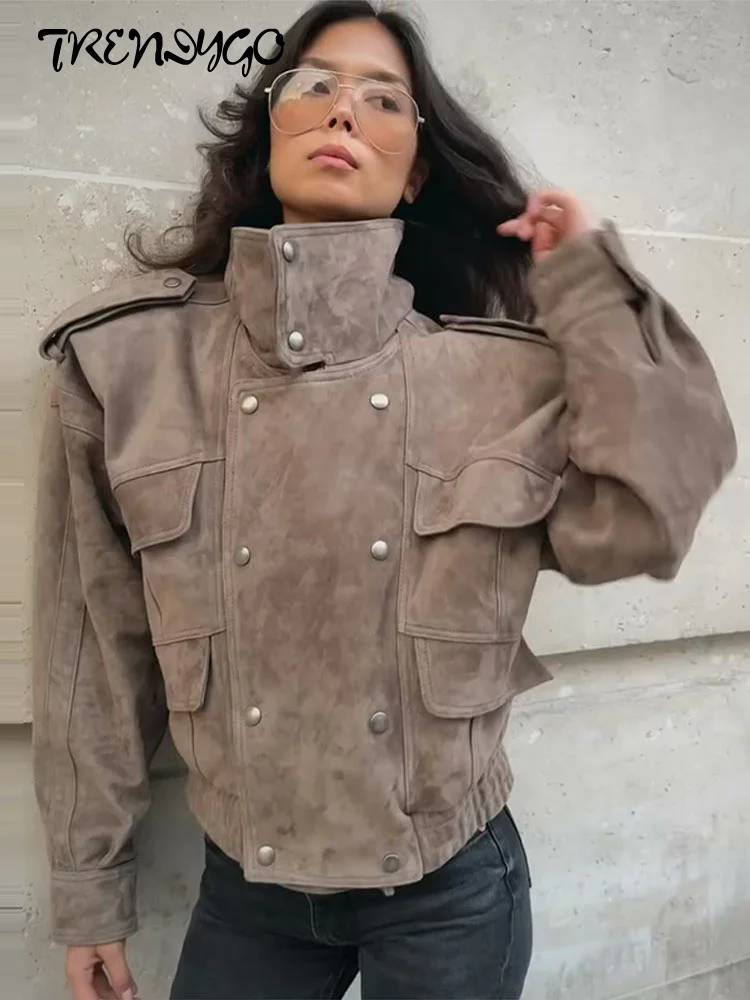 Camurça safari estilo curto bombardeiro jaquetas moda feminina gola epaulet elástico bainha botão solto casacos chiques senhoras outerwears - AliExpress 200000345