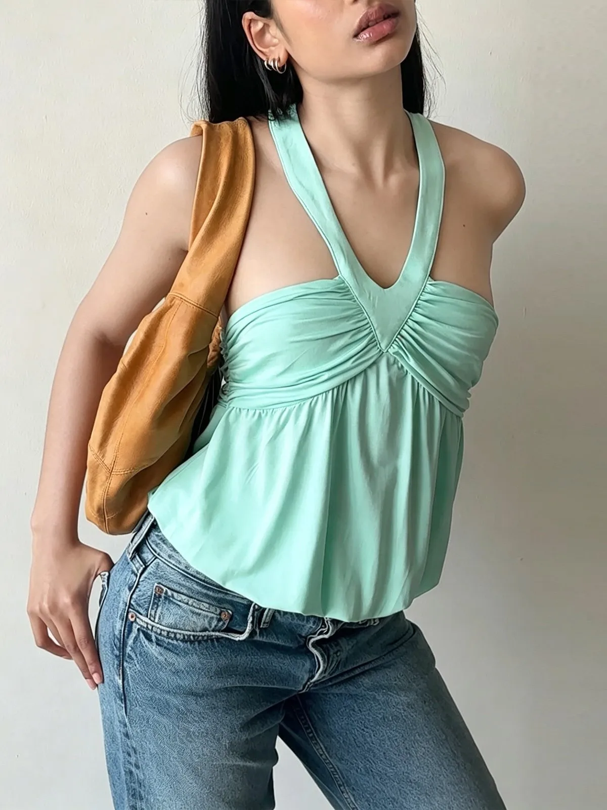 Pure Desire Chest Wrap Backless Vest Top Women's Casual Shirt Backless Design A-Line Narrow Strap Vest Short Length  Color