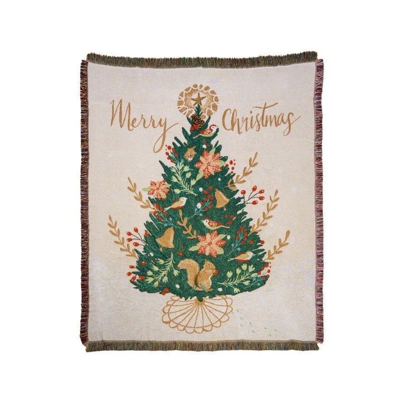 Christmas Forest Animal Woven Throw Blanket Squirrel Bird Tree Print Fringe Sofa Bed Holiday Decor Tapestry