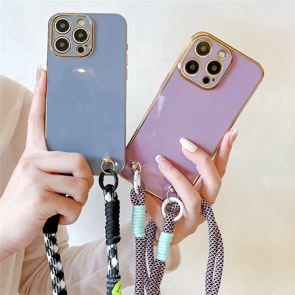 Plating Lanyard Case For iPhone 15 14 13 12 11 Pro Max XS Max X XR 6 8 7 Plus SE 2020 Crossbody Necklace Strap Chain Soft Cover