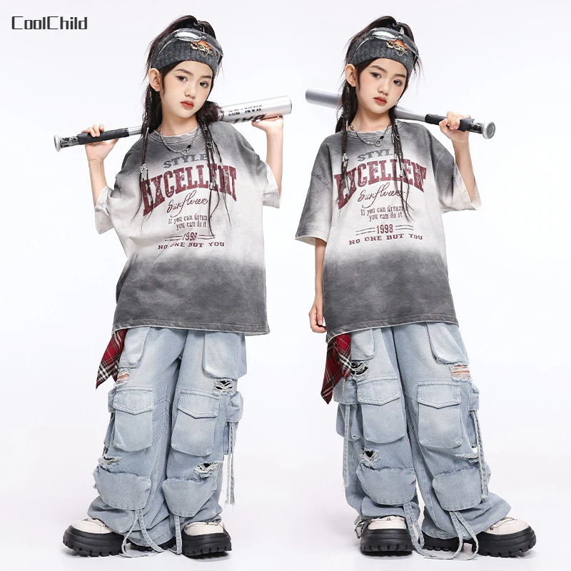 

Boys Hip Hop Gradient T-shirt Street Dance Loose Ripped Jeans Girls Streetwear Kids Jazz Denim Cargo Pants Children Clothes Sets