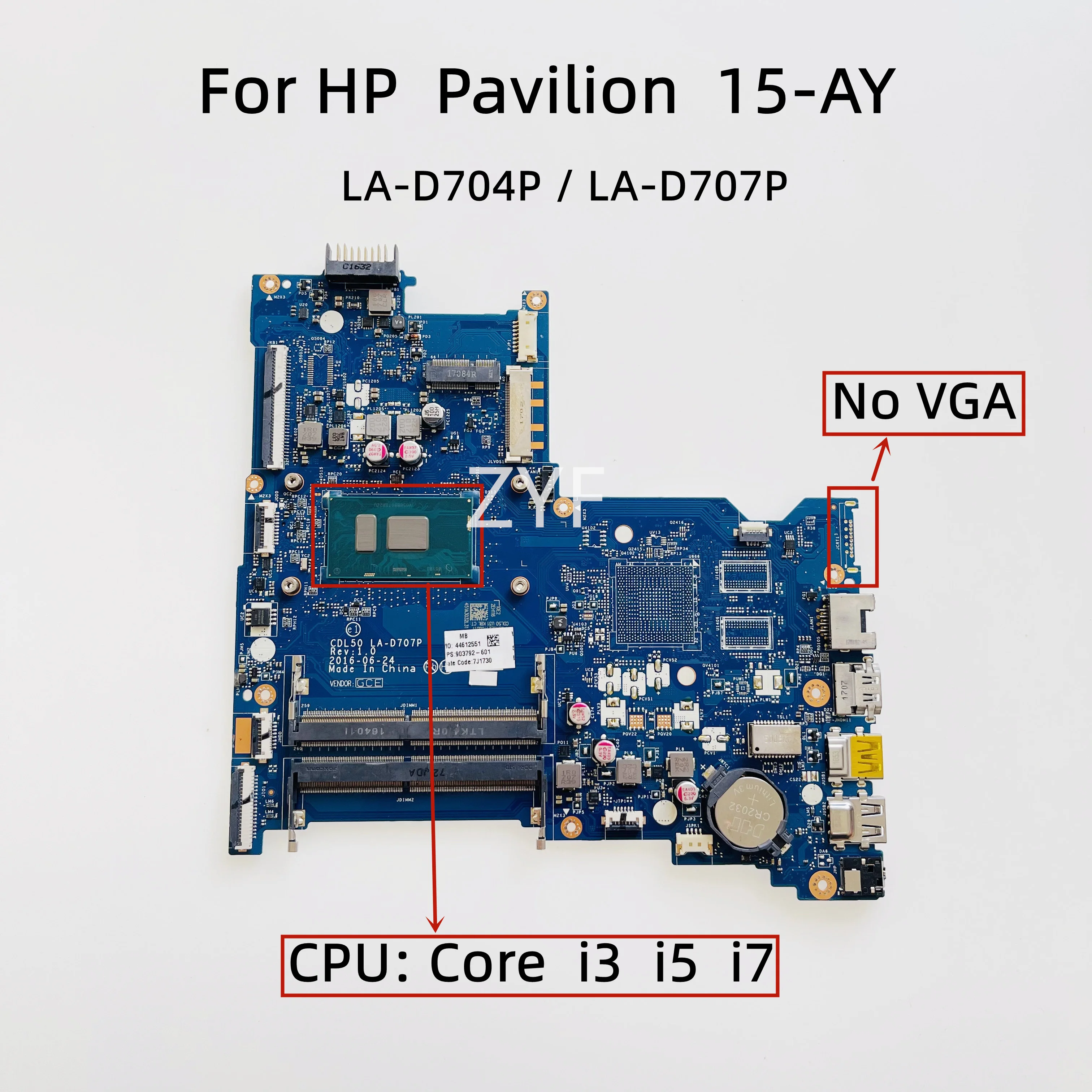 Placa base para ordenador portátil CDL50 LA-D707P BDL50 LA-D704P para HP 15-AY con CPU Core i3 i5 i7 UMA DDR4 903792-601 (sin VGA)