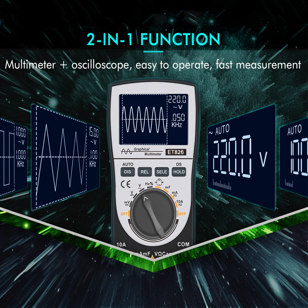 

ET826 2-in-1 Intelligent Digital Oscilloscope Multimeter 4000-Count DC/AC Current Voltage Resistance Frequency Diode Tester