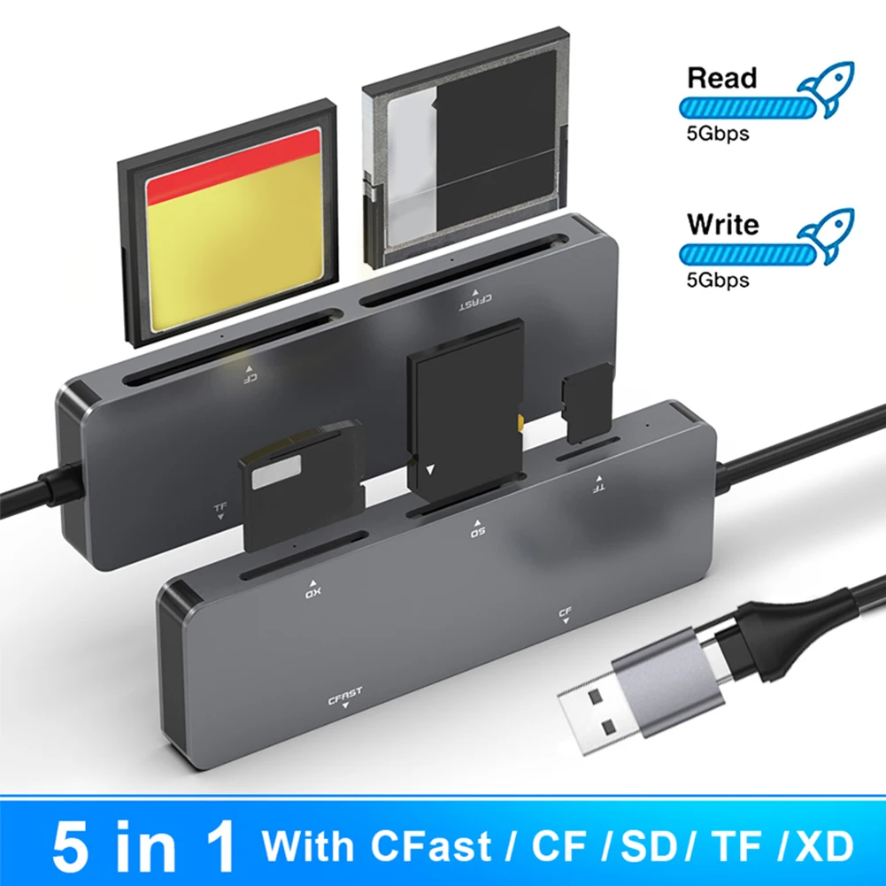 Pembaca Kartu 5 In 1 Semua Dalam Satu 5Gbps CFast + XD + CF + SD + TF Pembaca Kartu Memori Adaptor Tipe C & USB A untuk Aksesori Laptop PC