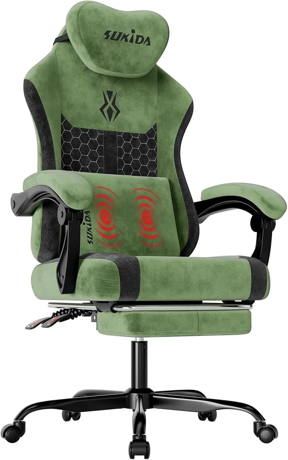 Fabric Video Gaming Chair, Ergonomic High-Back Computer Game Chairs with Large Massage Adjustable Lumbar Support, Headrest and Linked Armrests for Long Hours Sitting Task Chair, Green