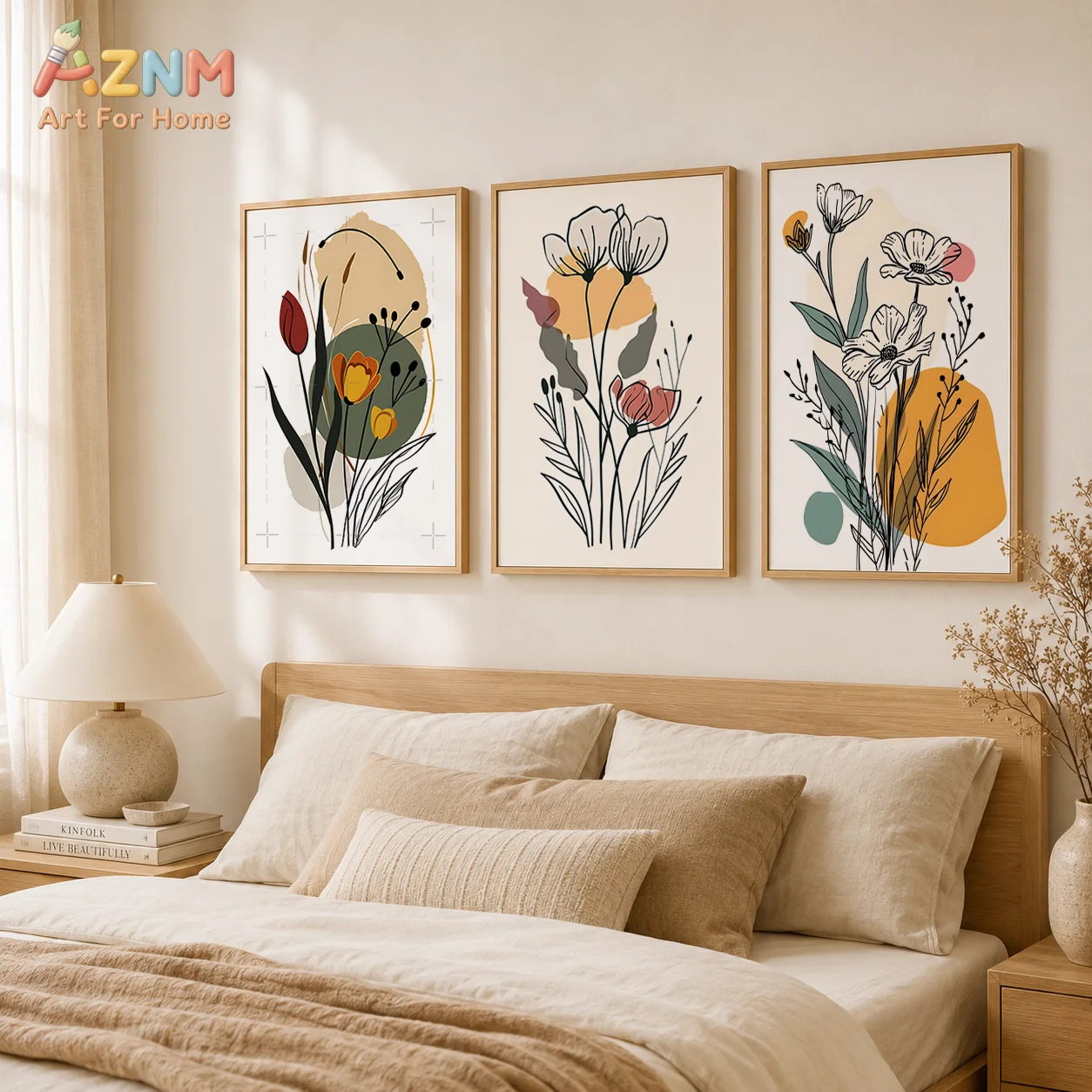 AZNM Unframed Canvas Print Boho Floral Line Art Wall Art Abstract Botanical Pastel Home Decor Poster