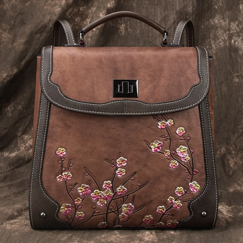 Vintage Genuine Leather Backpack Woman Floral Female Real Cow Leather Bagpack Anti theft Ladies Double Shouder Bag