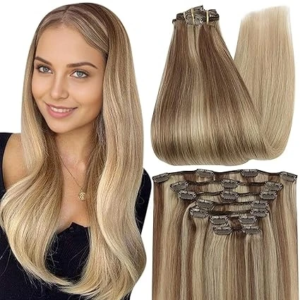 Volglans Clip-in Hair Extensions Echt haar Balayage Kleur Dubbelgetrokken Groot Gewicht 150G Dikker Braziliaans 100% Echt haar