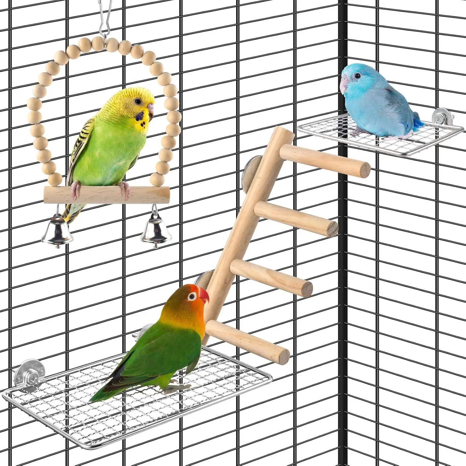 

4Pcs Bird Perches Toys Stainless Steel Perch Platform (2 Sizes) Natural Wood Parrot Climbing Ladder & Swing Bell Play Gym