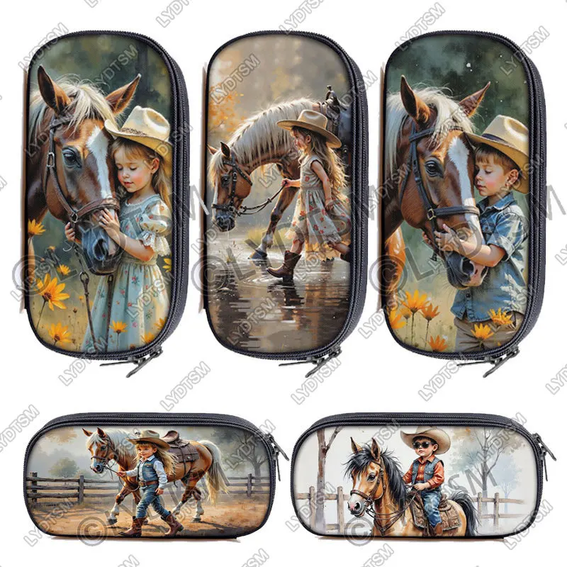 Cute Girl Playing with Horse on The Farm Pattern Cosmetic Case Little Boy Riding A Horse Pencil Box Brush Holder School Supplies