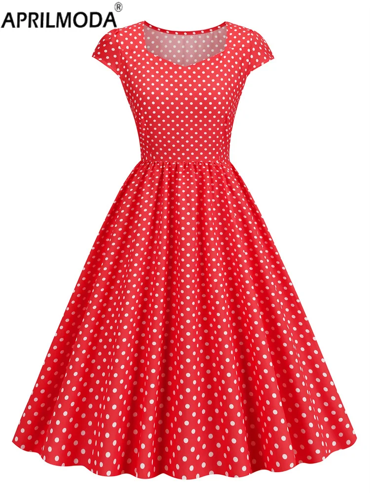 Women Vintage 1950s Retro Rockabilly Prom Dresses Short Sleeve Polk Dot Print Pink Blue Big Swing Runway Midi Holiday Dresses