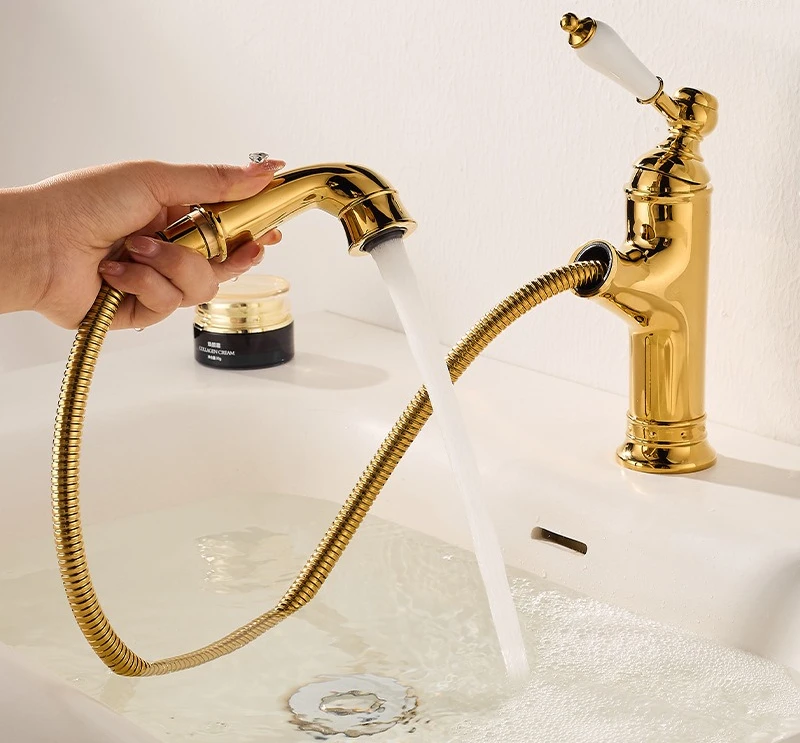 Retro copper pulling faucet household bathroom bathroom cabinet single hole under the counter basin hot and cold faucet
