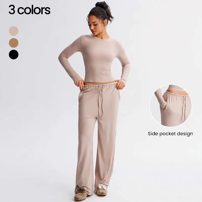 طقم يوجا مصقول برقبة دائرية وأكمام طويلة، سروال طويل رياضي كاجوال للجري واللياقة البدنية، سروال كاجوال فضفاض واسع الساق للنساء #3