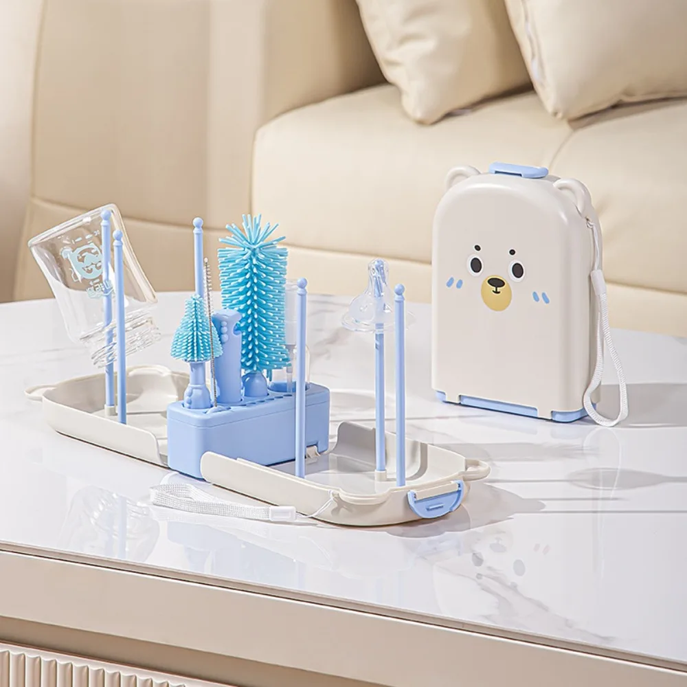 

6-in-1 Baby Bottle Brush Set Built-in Drain Rack Space Saving Nipple Straw Cleaning Brush Portable Drying Rack Cup Brush