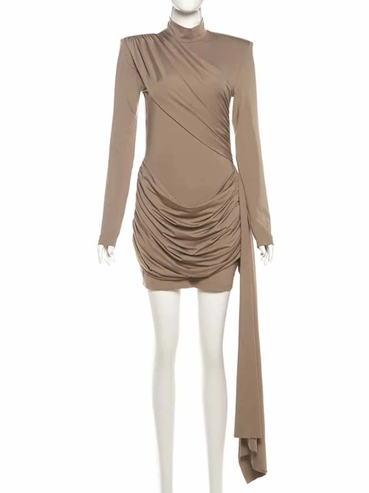 MCDV Donne Eleganti Pieghettato Irregolare Mini Abito Moda Manica Lunga Backless Alta Neack Abiti 2025 Auutmn Lady Party Prom Gown