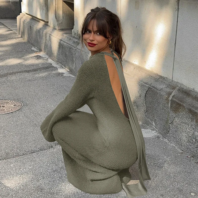 

Spring women's clothing new sexy backless splicing streamer hanging neck long sleeve temperament slim fashion dress temperament