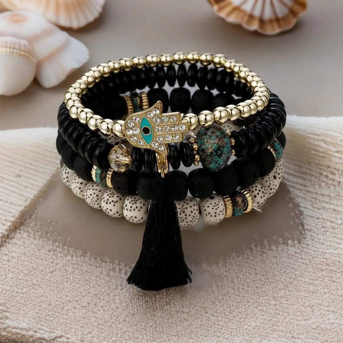 Ensemble de 4 bracelets œil de protection pour femmes, cristal, main de Fatima, breloque à pampilles, perles élastiques, chaîne, bracelet, accessoires de mode pour hommes
