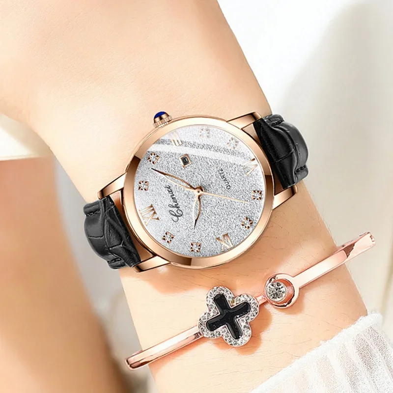 Popular Ins Starry Sky Ladies Watch Rose Gold Calendar Dress Watch for Women Genuine Leather Luxury Top Brand Casual Clock