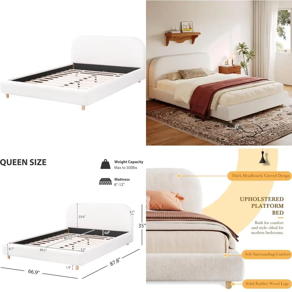 

Queen Size Curved Platform Bed with Thick Fabric Upholstery and Solid Wood Legs, Suitable for Kids, Teens, and Adults, White