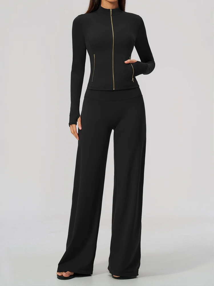 VITALINOVO Workout Sets For Women 2 Piece Outfits Long Sleeve Zip Up Jackets With Thumb Hole Matching Wide Leg Pants Gym Sets