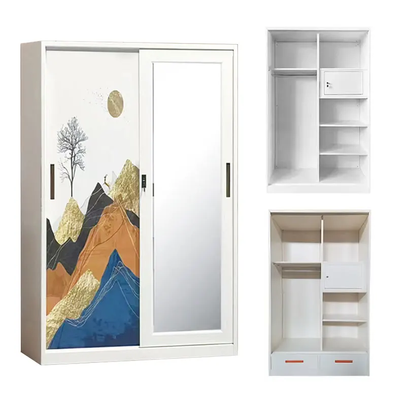 Eco-friendly Powder Coated Steel Lightweight Design Knock Wood Grain Transfer 2 Sliding Doors Modern Bedroom Storage Wardrobe