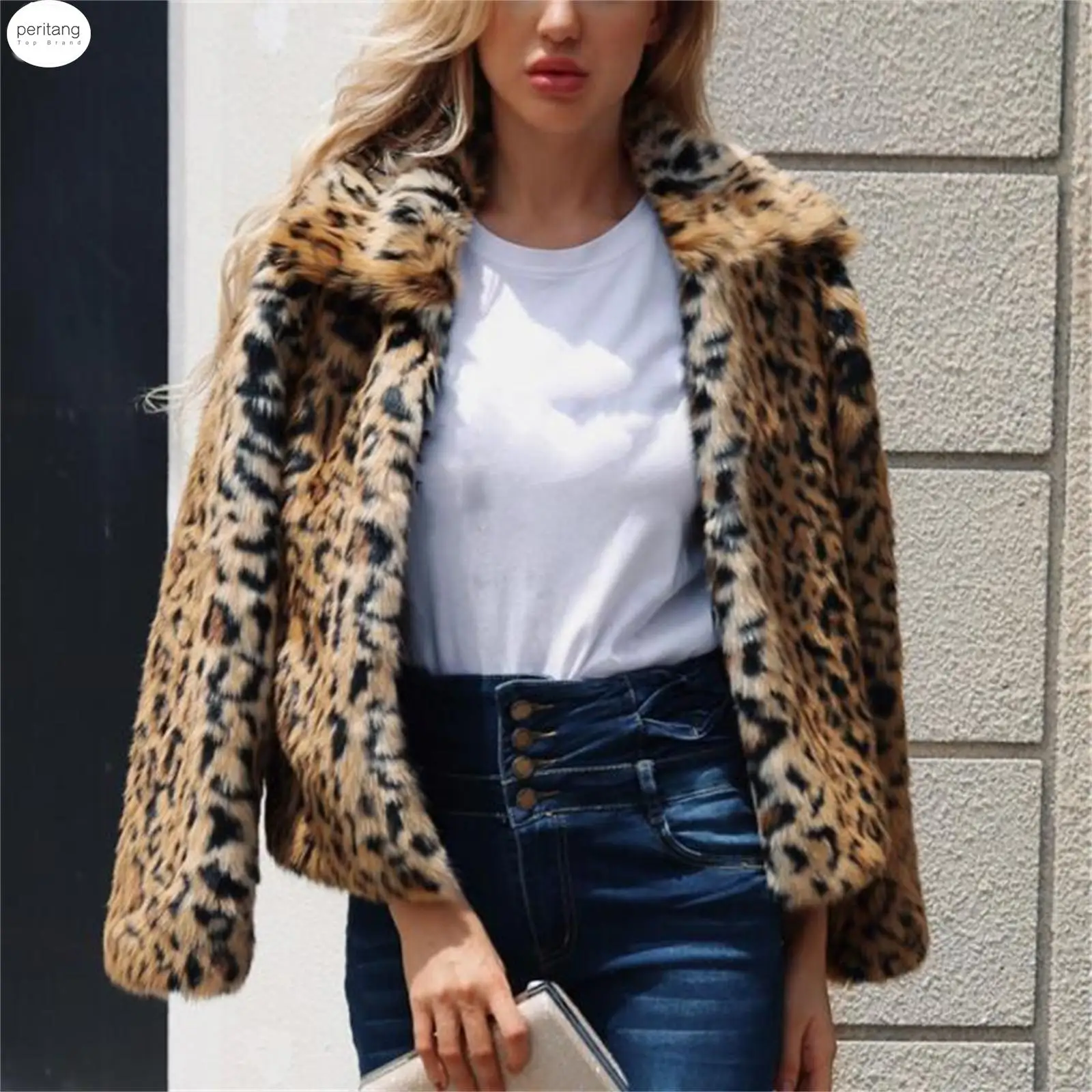 

PERITANG Fashion Leopard Coat for Women Autumn Winter Long Sleeve Short Coat Warm Faux Fur Wool Lapel Crop Jacket Outwear Casaco